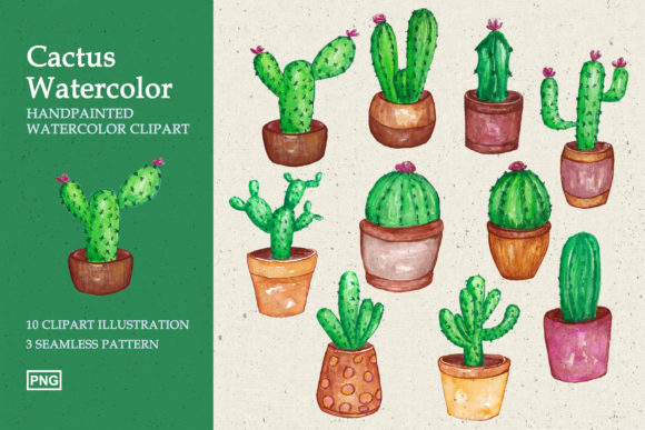 10 Cactus Clipart Handpainted Watercolor