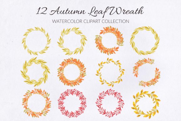 12 Autumn Leaf Watercolor Wreath Set