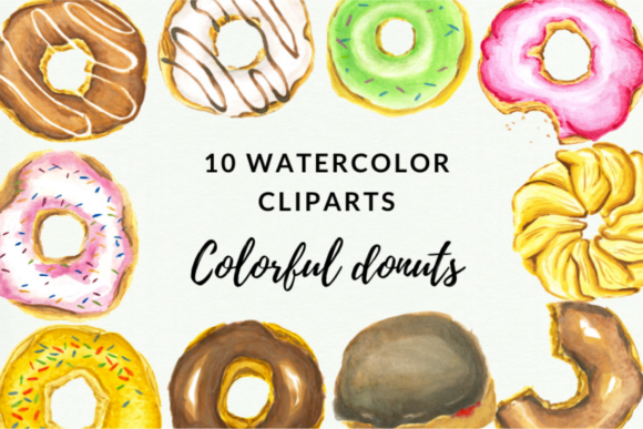 12 Watercolor Donuts Clipart, Illustrations
