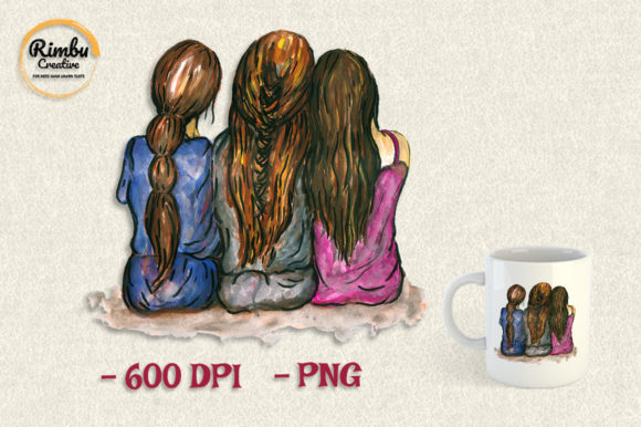 Best Friend 3 Girls Watercolor Clipart & Illustrations