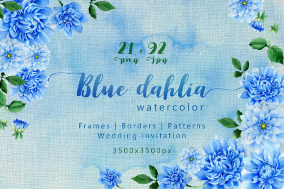 Blue Dahlia Great Flowers Watercolor Set Illustrations