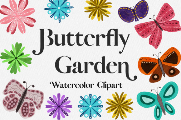 Butterfly Garden Watercolor Clipart and Illustrations