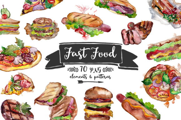 Fast Food Hot Dog Watercolor Illustrations