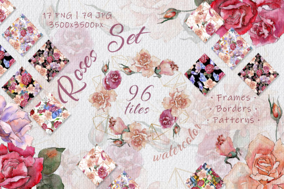 Pink and Beige Roses Watercolor Set Illustrations