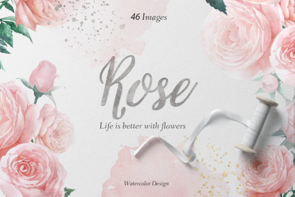 Pink Blue Rose Watercolor Set and Illustrations