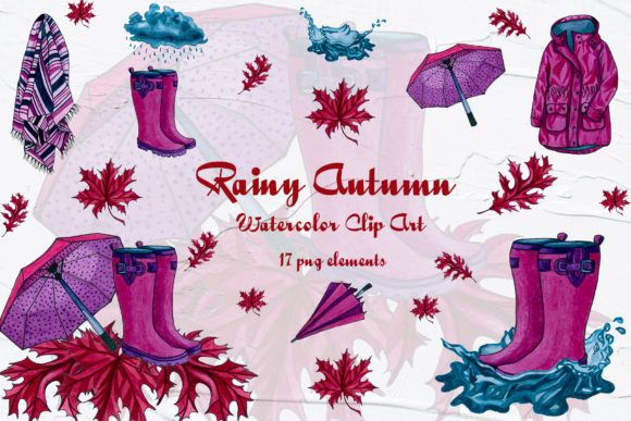 Rainy Autumn Watercolor Clip Art and Illustrations