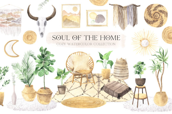 Watercolor Boho Home Interior Clipart and Illustrations