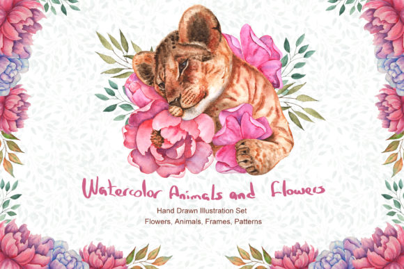 Watercolor Flowers and Animals Set Illustrations