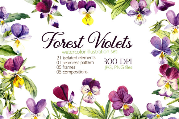 Watercolor Forest Violets Illustrations