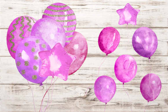 Watercolor Pink Balloons Clip Art Set and Illustrations