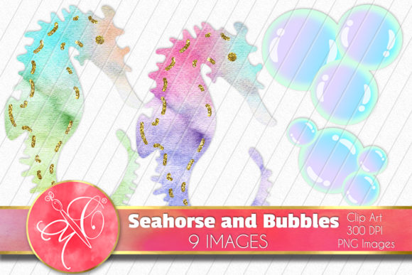 Watercolor Seahorse and Bubbles Clip Art and Illustrations