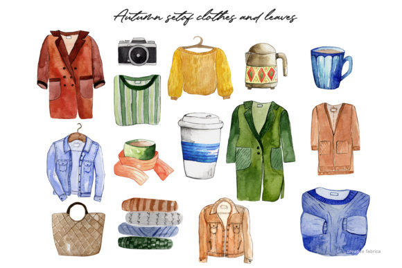 Watercolor Set of Autumn Leaves and Illustrations