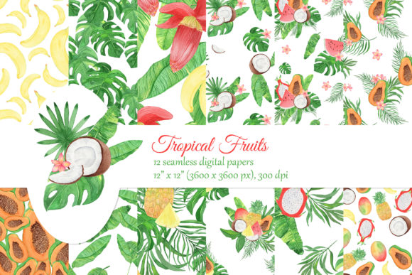 Watercolor Tropical Fruits Digital Paper and Illustrations